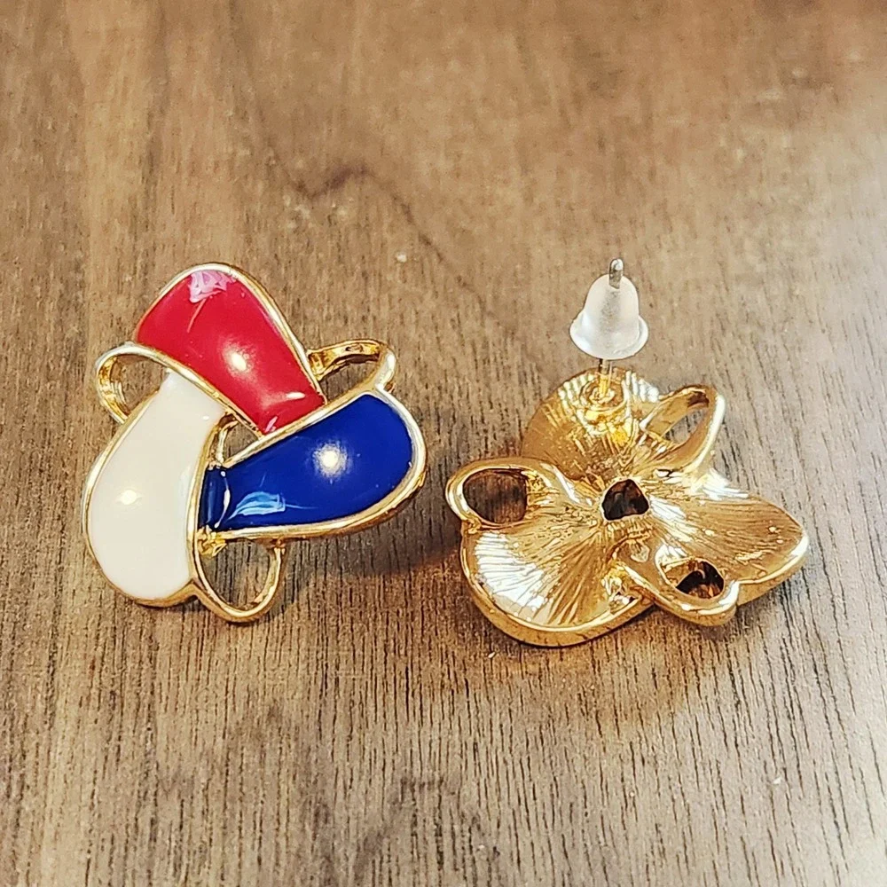 Red White Blue Enamel Gold Tone Abstract Knot Stud Earrings Patriotic .75 inches